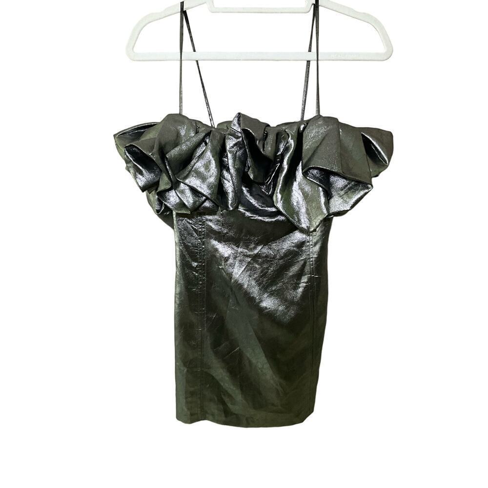 Zara Voluminous Mini Dress Women's XS Silver Leather Straight Neck Ruffle Front